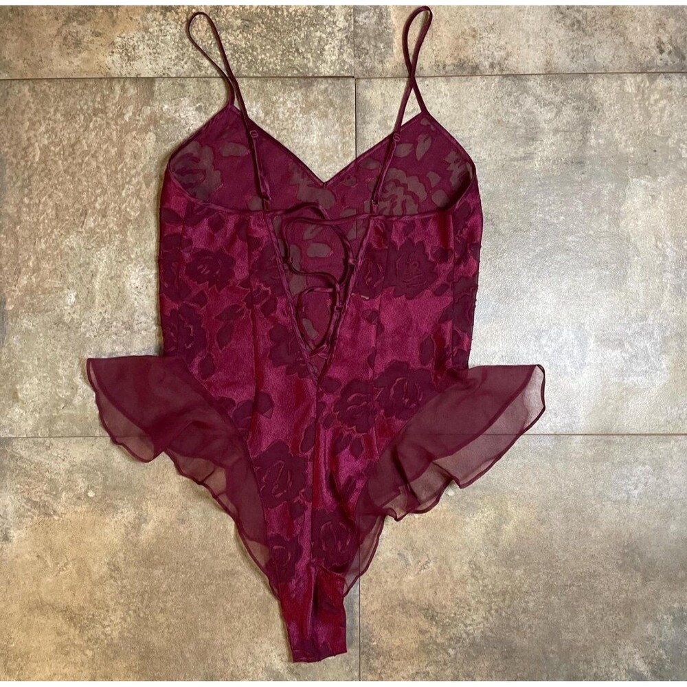 vintage victoria’s secret gold label 70s maroon floral mesh bodysuit size small